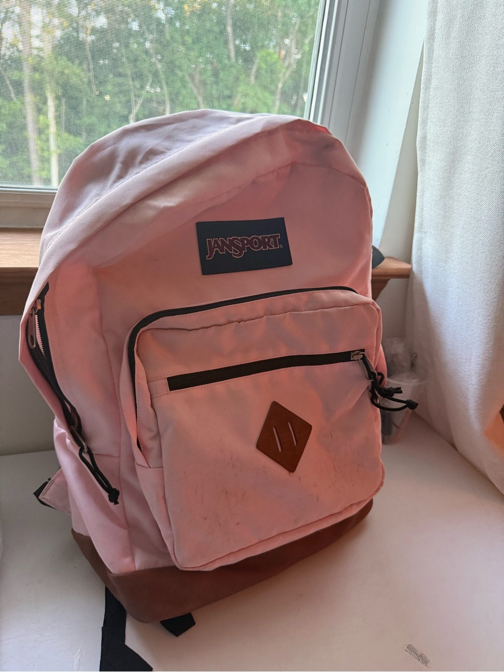 Jansport Pink Backpack with Brown Suede Base